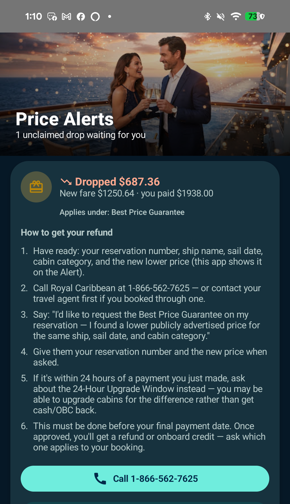 CruiseWatch price drop alert with claim steps