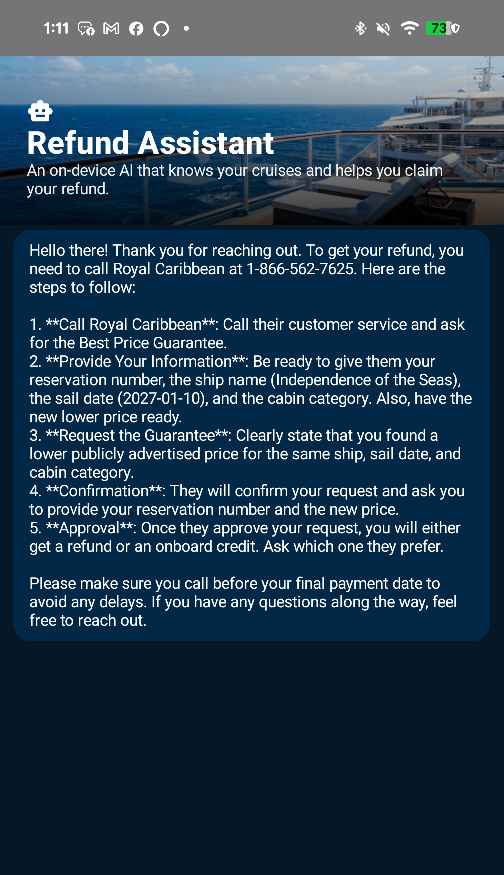AI refund assistant opened from a price alert, already explaining the claim steps