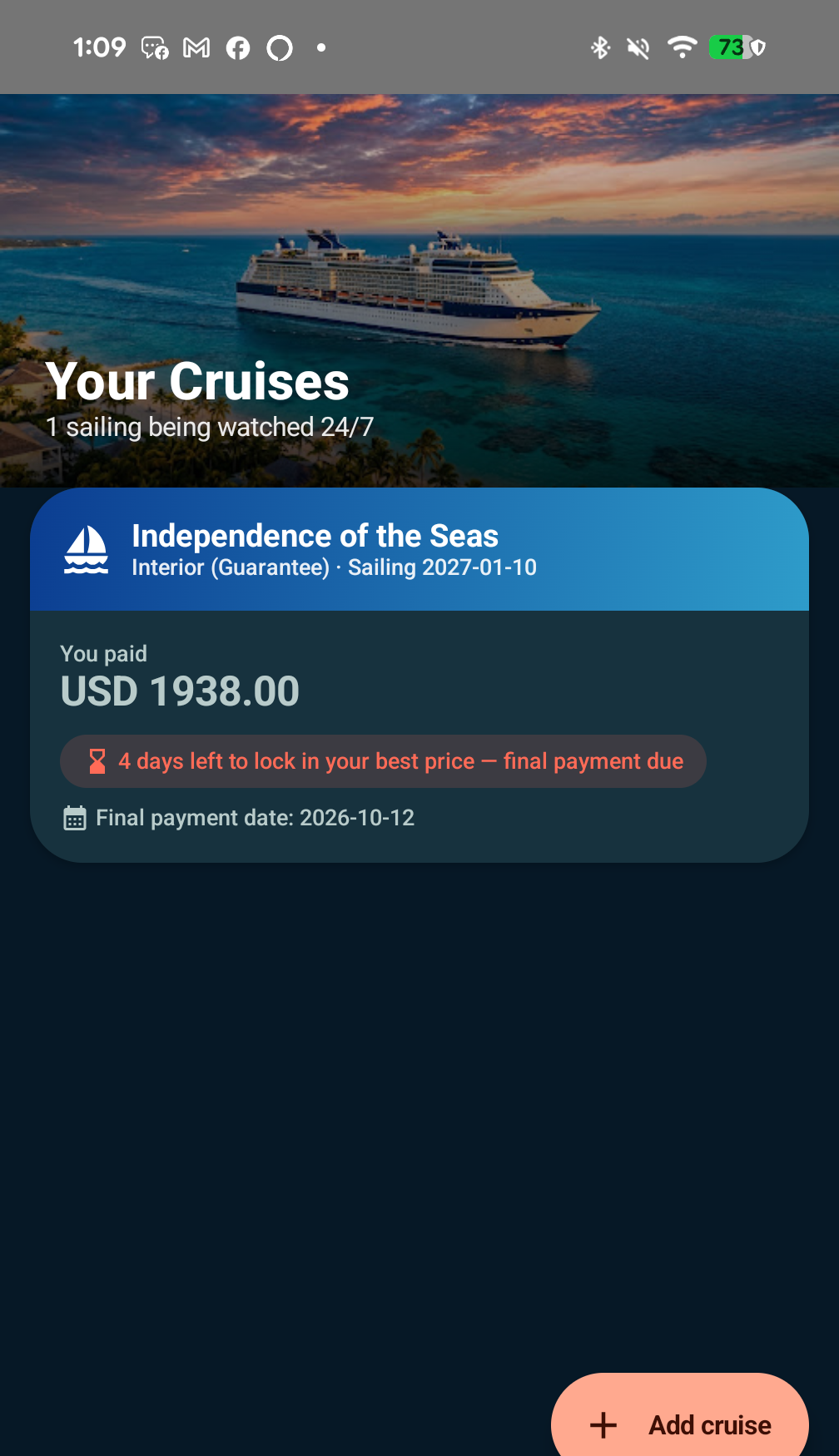 CruiseWatch tracked cruises screen