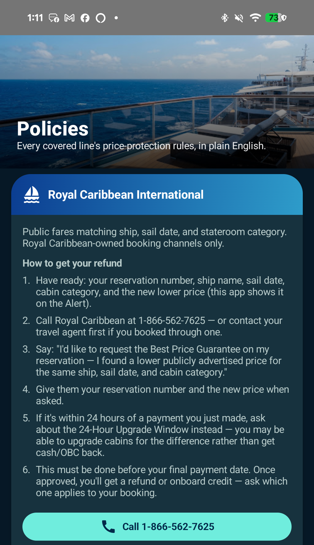 Cruise line policy reference screen
